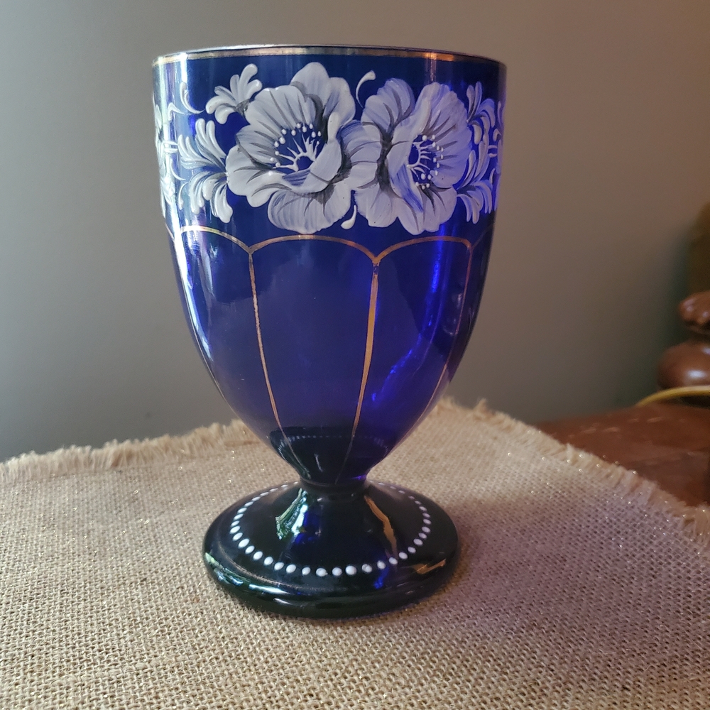 Blue Floral Goblet with Gold Accents
